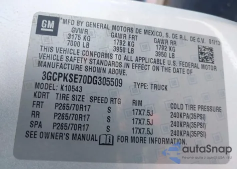 2013 Chevrolet Silverado 1500 Lt from USA, damaged, VIN 3GCPKSE70DG305509
